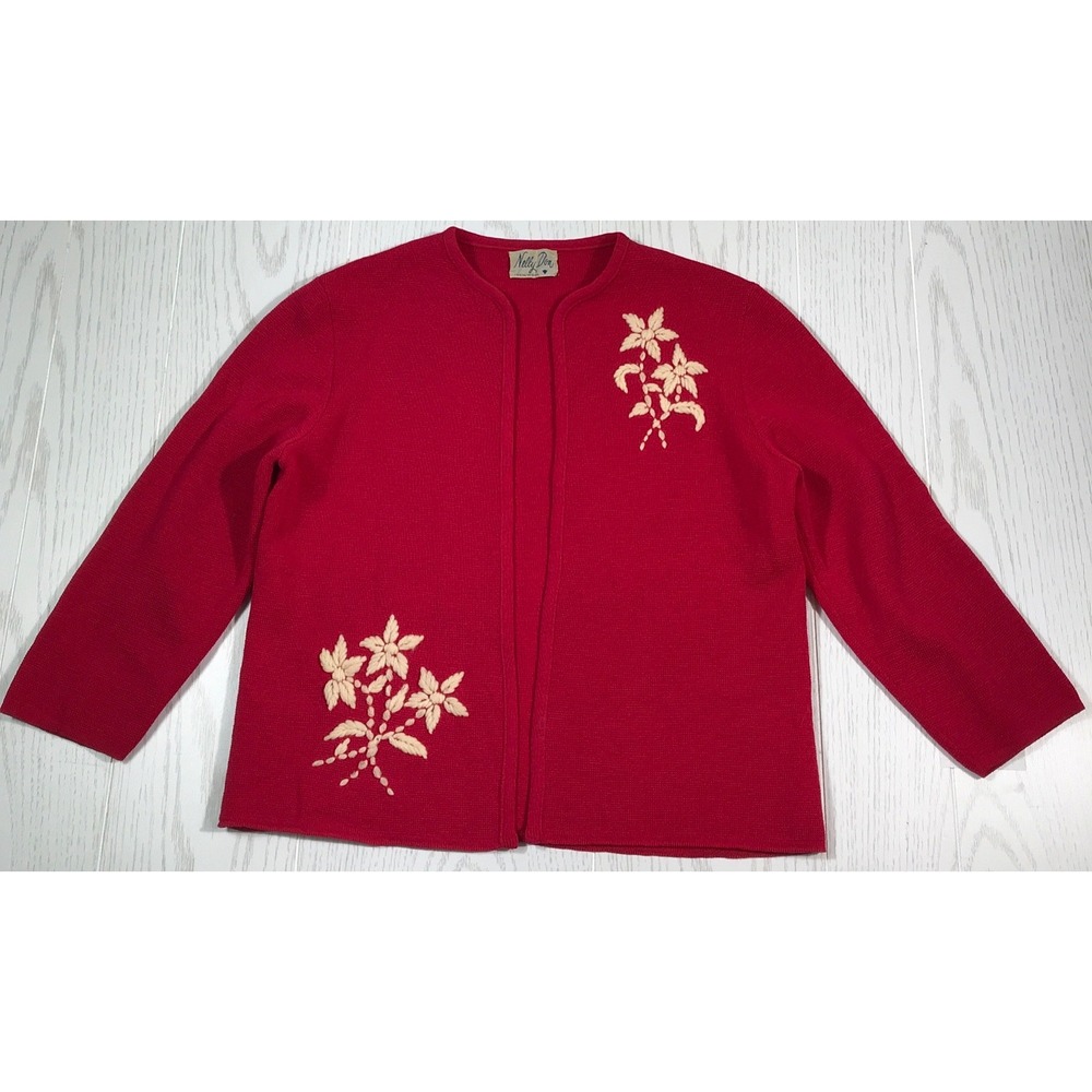 Vintage 60s Wool Sweater Women XS Red Nelly Don Open Front Floral Retro Elegant